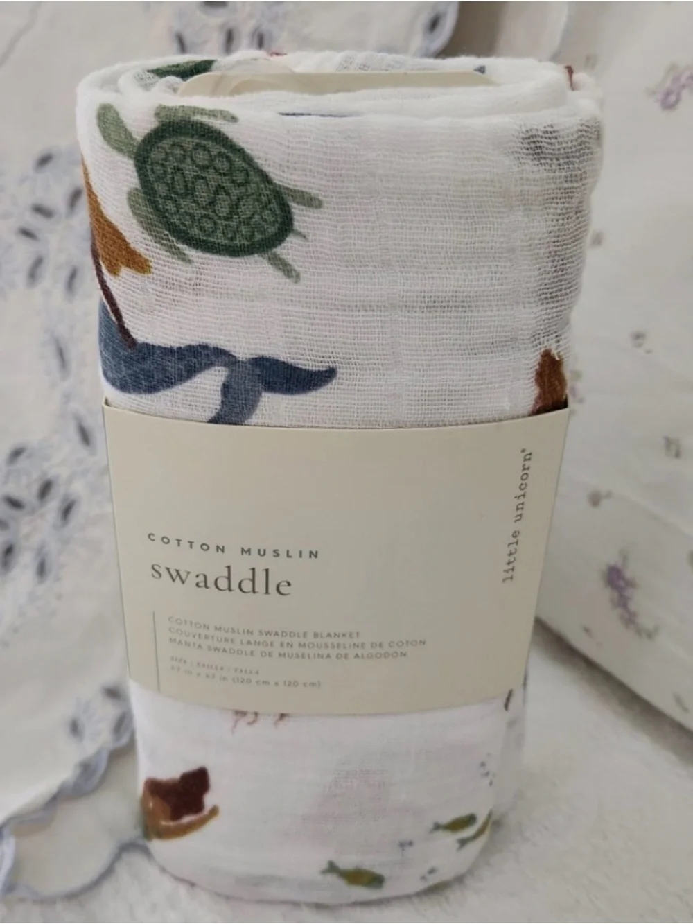 Cotton Muslin Swaddle Blanket - White with Green Turtle & Blue Whale